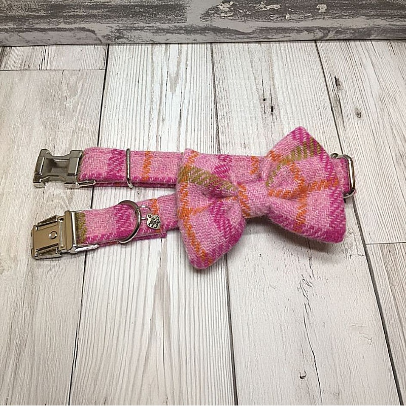 Baby Pink Check Harris Tweed Bow Tie Dog Collar