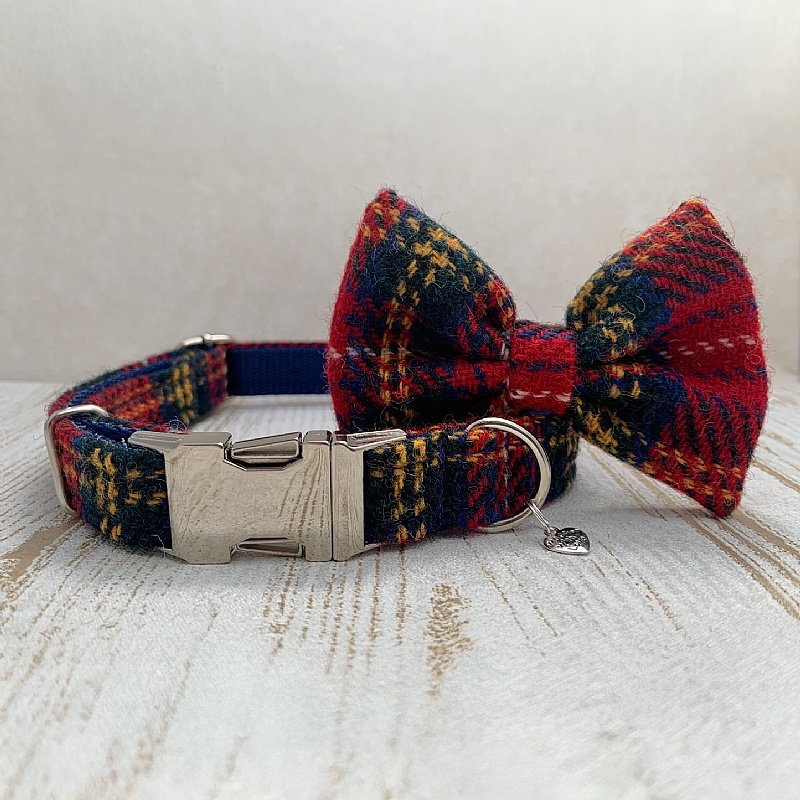 Tartan Harris Tweed Bow Tie Dog Collar - Medium