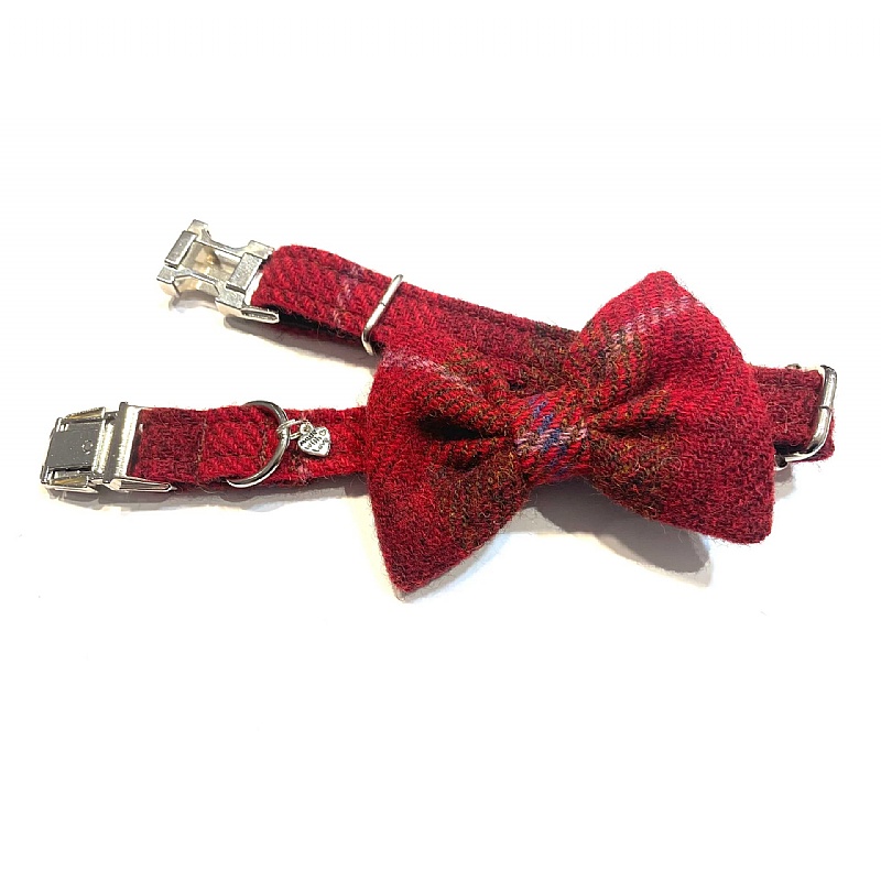 Dark Red Check Harris Tweed Bow Tie Dog Collar