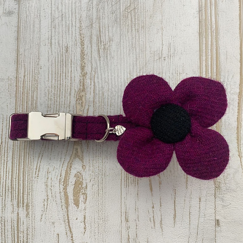 Dark Purple Harris Tweed Flower Dog Collar - Medium