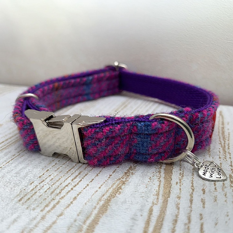 Purple Check Harris Tweed Dog Collar - Large