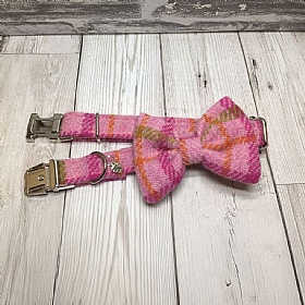 Baby Pink Check Harris Tweed Bow Tie Dog Collar